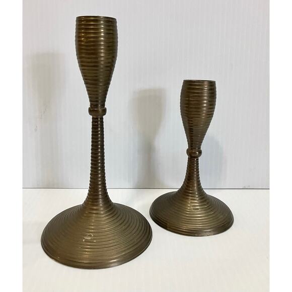 Vtg Mid Century Brass Candlestick Holders Ribbed Texture Goblet Pair 7” & 5” - Picture 1 of 6